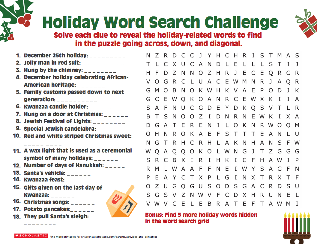 Have Your Elementary Schooler Solve Clues And Find Words With This Activity Highlighting December s Three Holiday Words Holiday Word Search Hanukkah Traditions