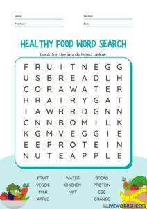 Healthy Food Wordsearch Worksheet