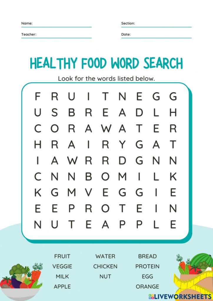 Healthy Food Wordsearch Worksheet - Word Search Printable