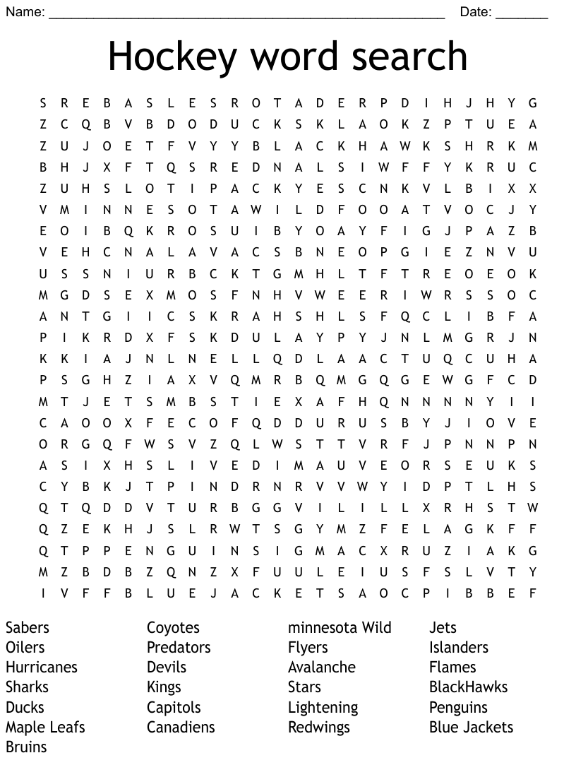 Hockey Word Search WordMint