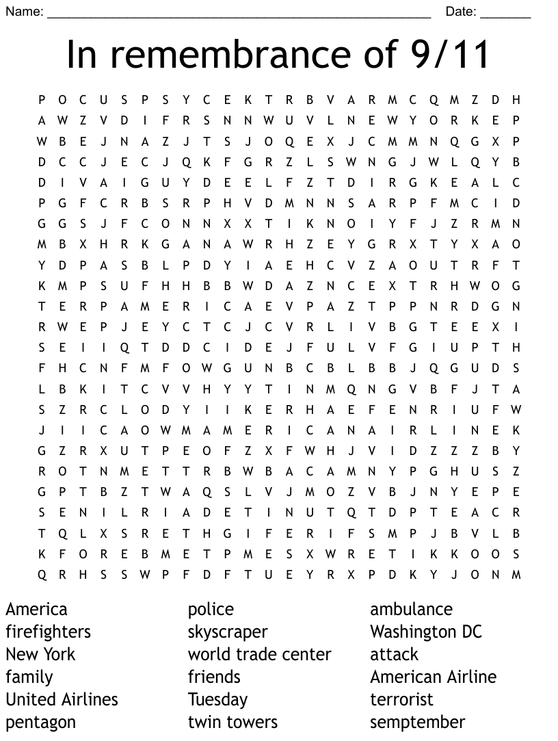 In Remembrance Of 9 11 Word Search WordMint