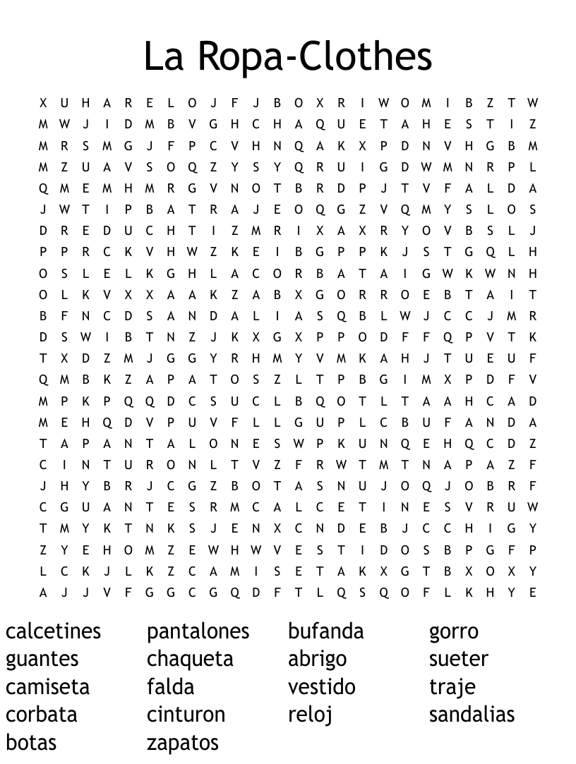 La Ropa Word Search Answer Key