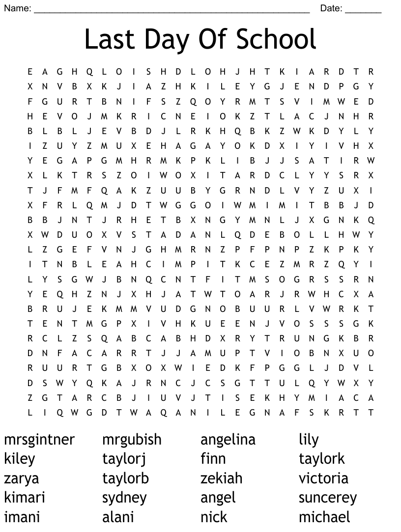 Last Day Of School Word Search WordMint