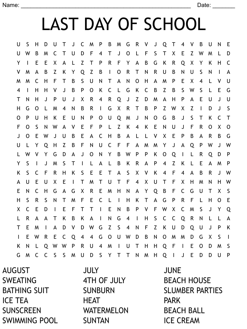 Last Day Of School Word Search