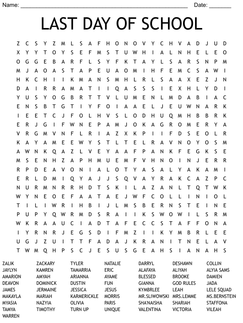 LAST DAY OF SCHOOL Word Search WordMint