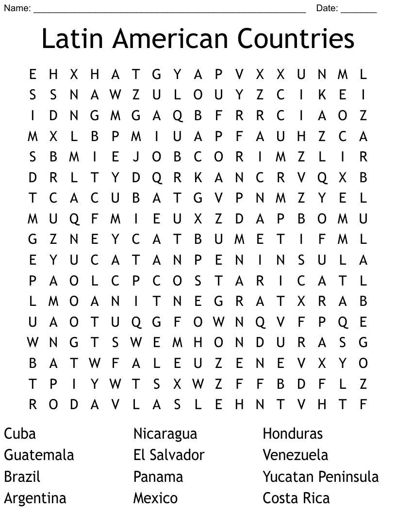 Latin American Countries Word Search WordMint