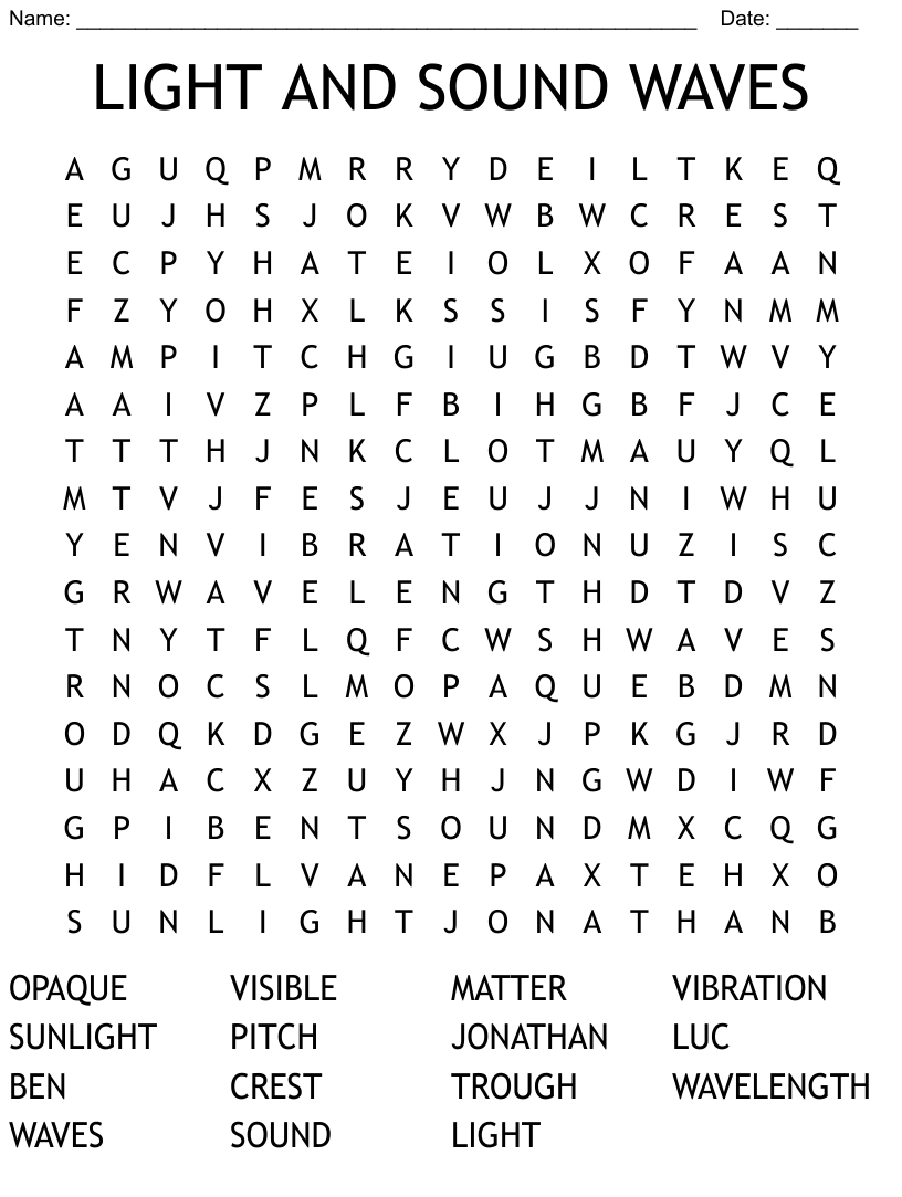 Sound And Light Waves Word Search