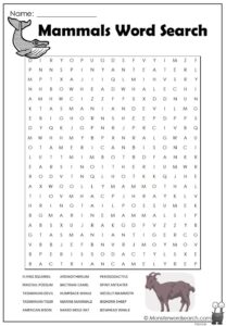 Mammals Word Search Monster Word Search