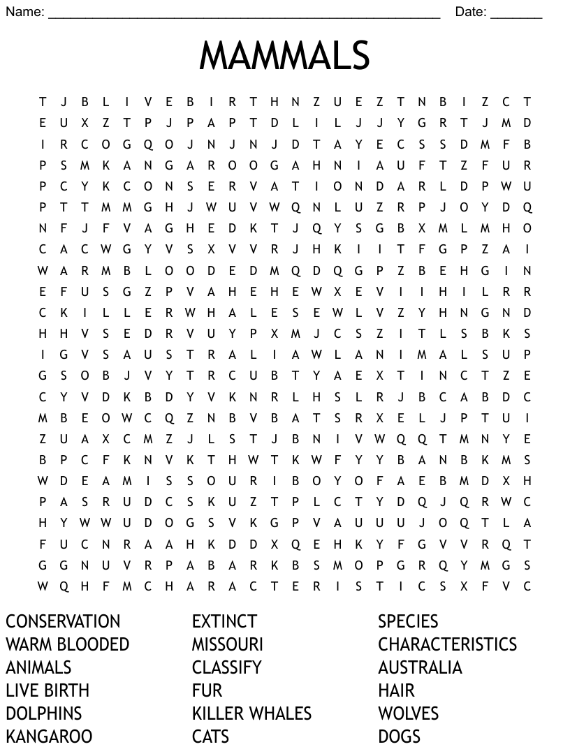 MAMMALS Word Search WordMint