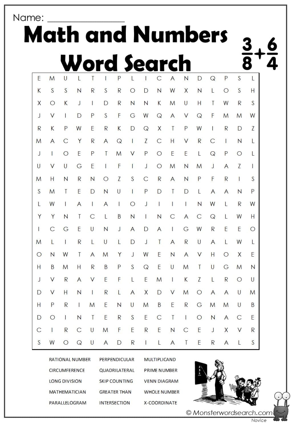 Math And Numbers Word Search Monster Word Search