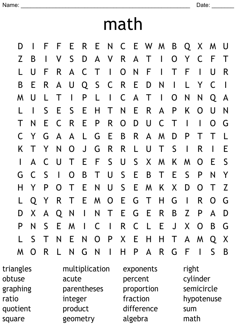 Find The Math Terms Word Search Answers