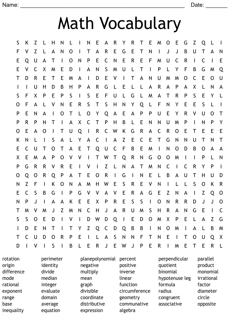 Math Vocabulary Terms Word Search
