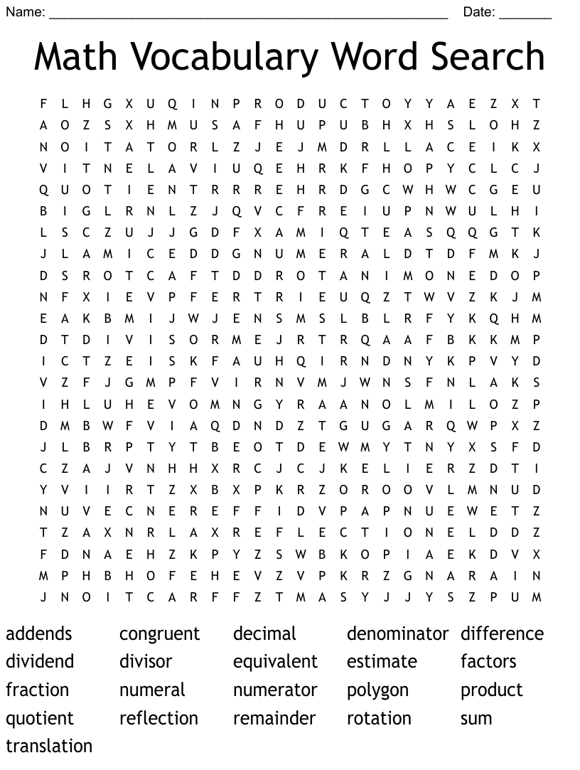 Math Vocabulary Word Search WordMint