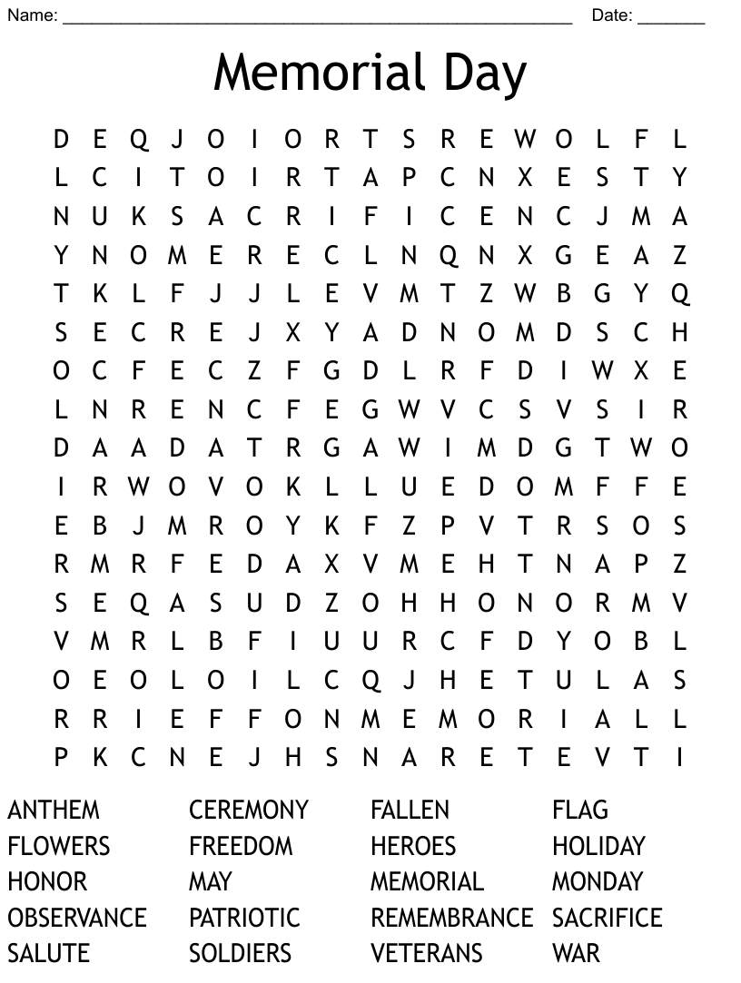 Memorial Day Word Search WordMint