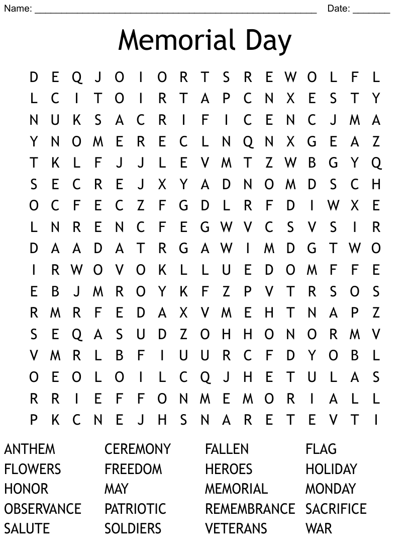 Memorial Day Word Search Printable