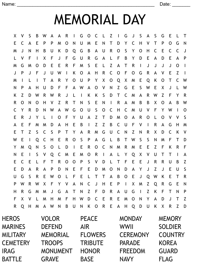 MEMORIAL DAY Word Search WordMint