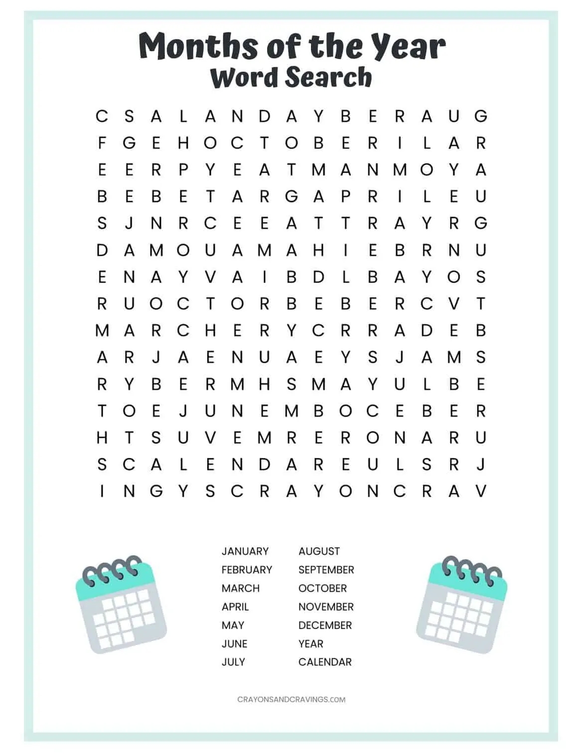 Months Of The Year Word Search Free Printable For Kids