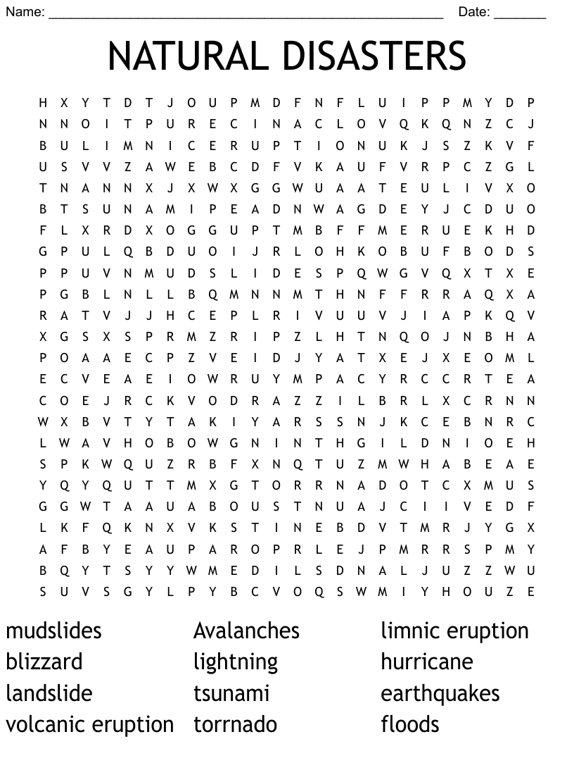 NATURAL DISASTERS Word Search WordMint