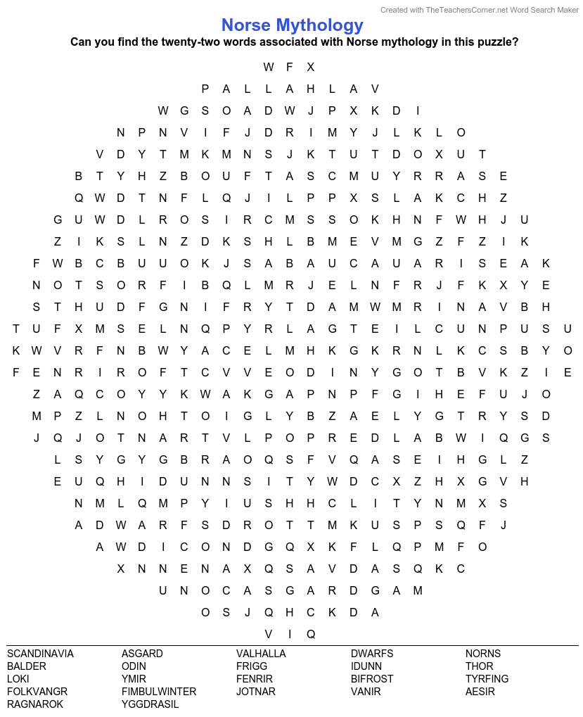 Norse Mythology Word Search Puzzle 