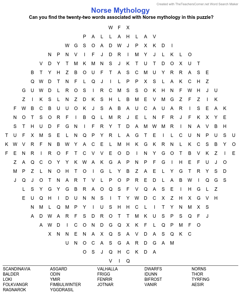 Norse Mythology Word Search Word Search Printable