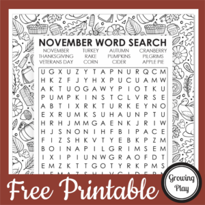 November Word Search Free Printable Growing Play