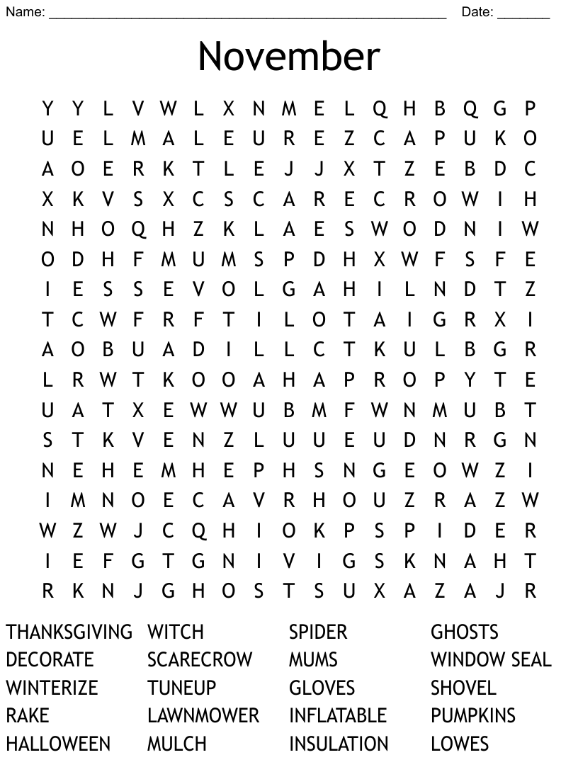 November Word Search WordMint