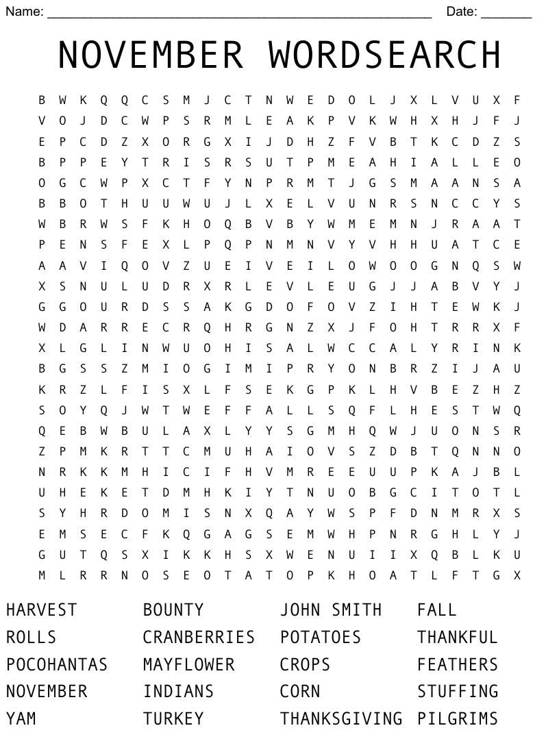 November Word Search Puzzles