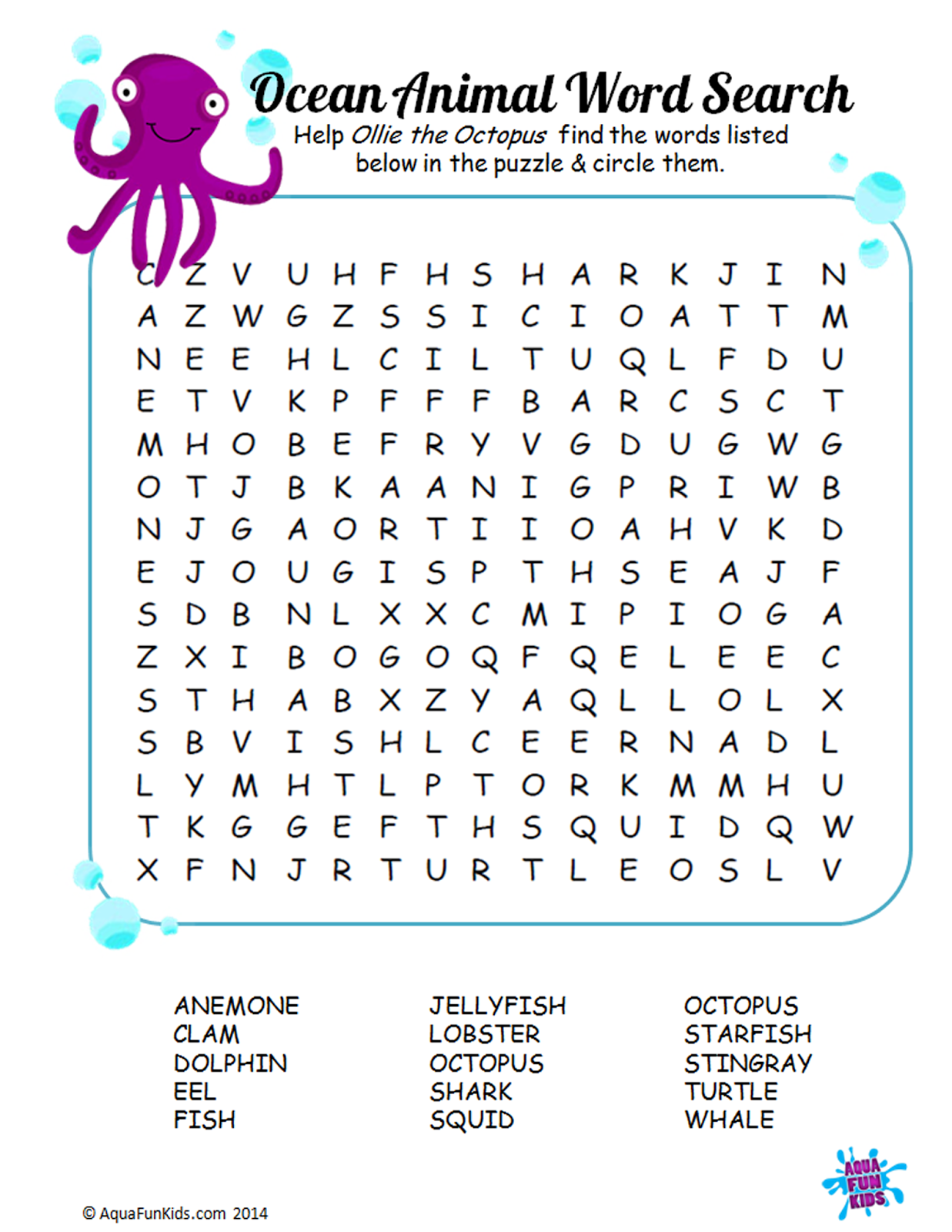 Word Search Ocean Animals