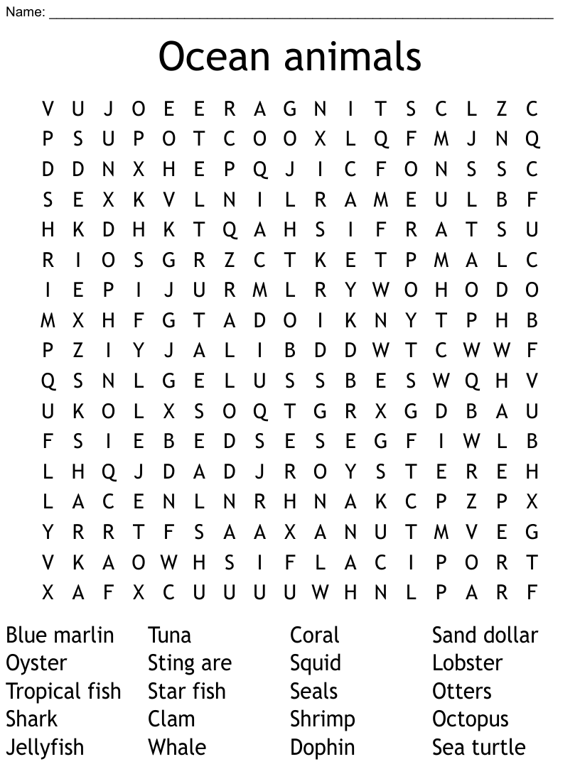 Ocean Animals Word Search WordMint