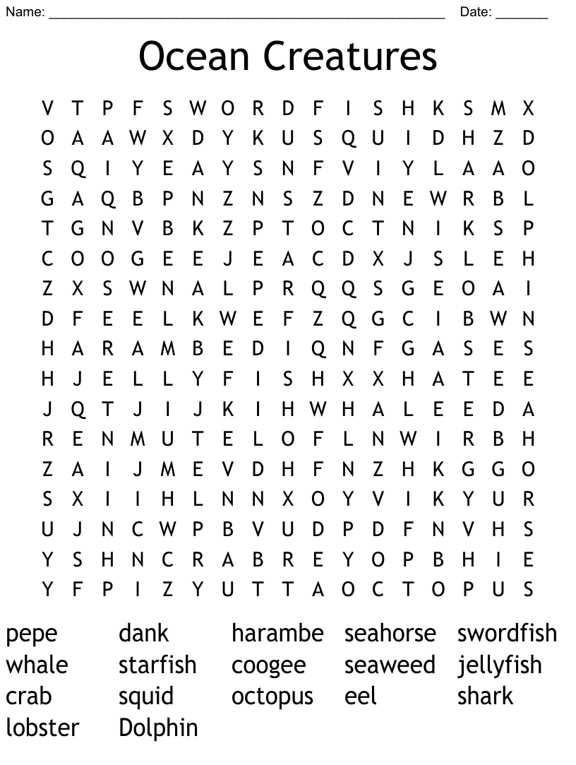 Ocean Creatures Word Search WordMint