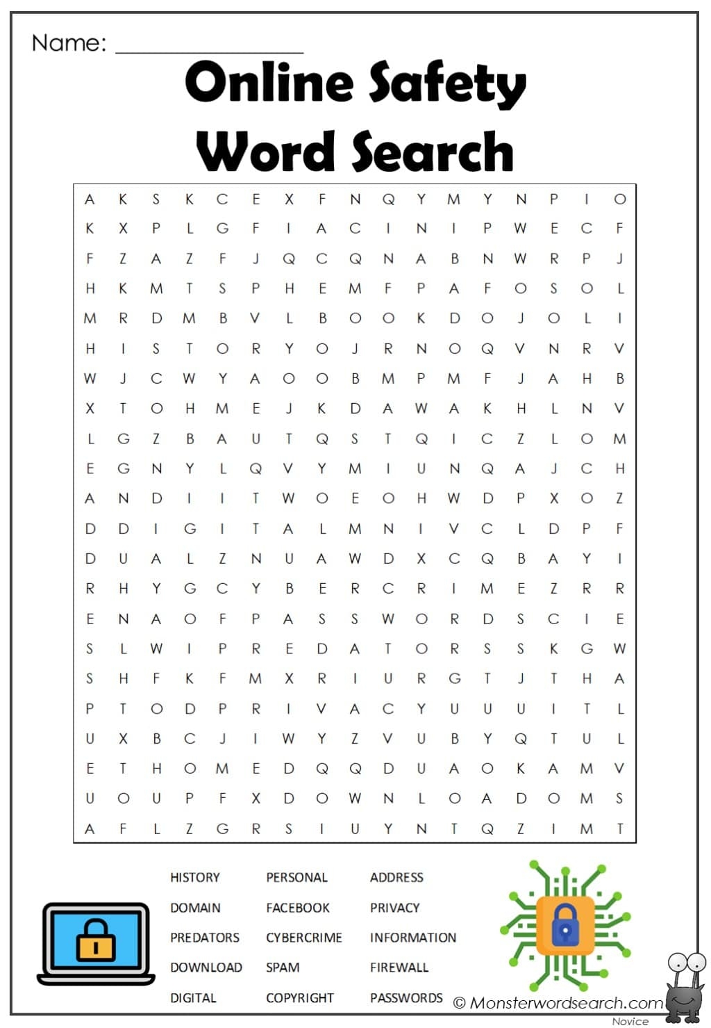 Online Safety Word Search Monster Word Search