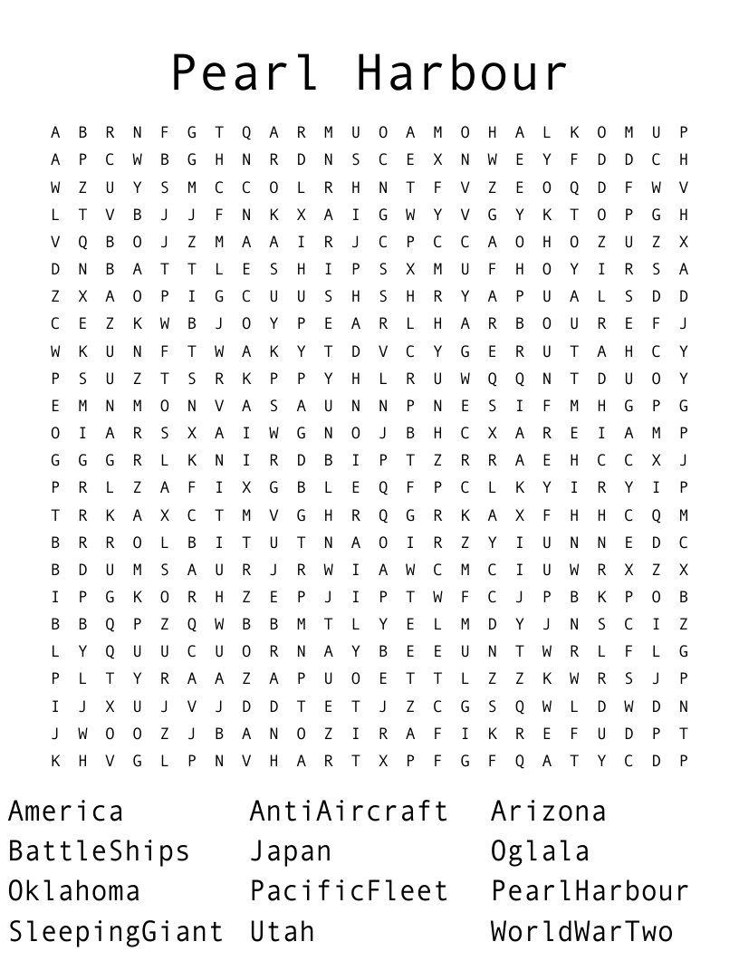 Pearl Harbor Word Search