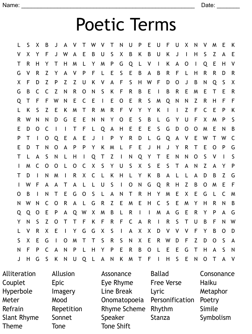 Poetry Terms Word Search Answer Key