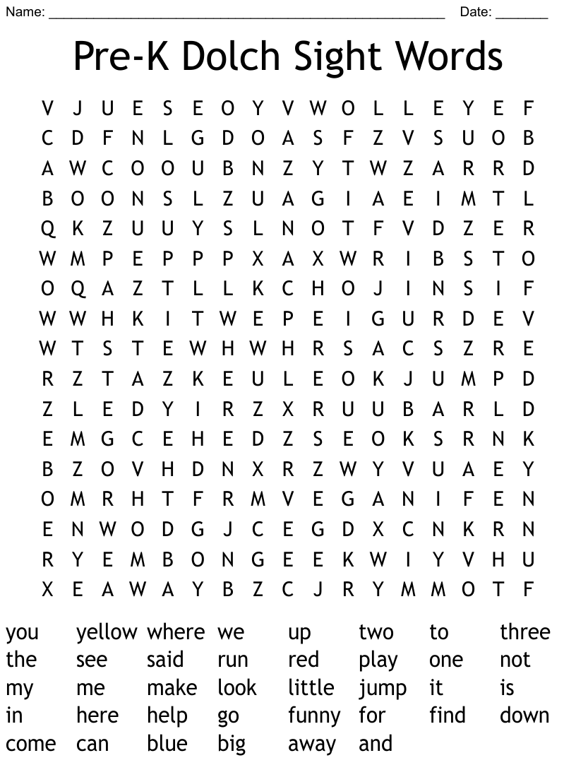 Pre K Dolch Sight Words Word Search WordMint