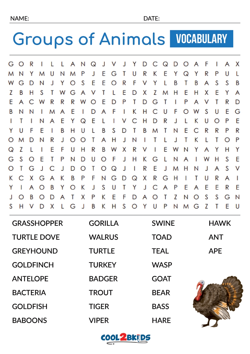 Printable Groups Of Animals Word Search Cool2bKids