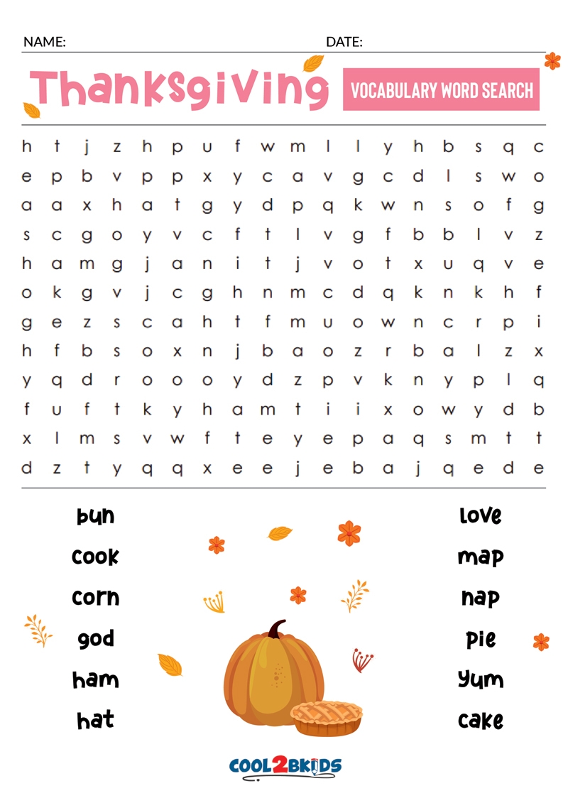 Thanksgiving Word Search Kids