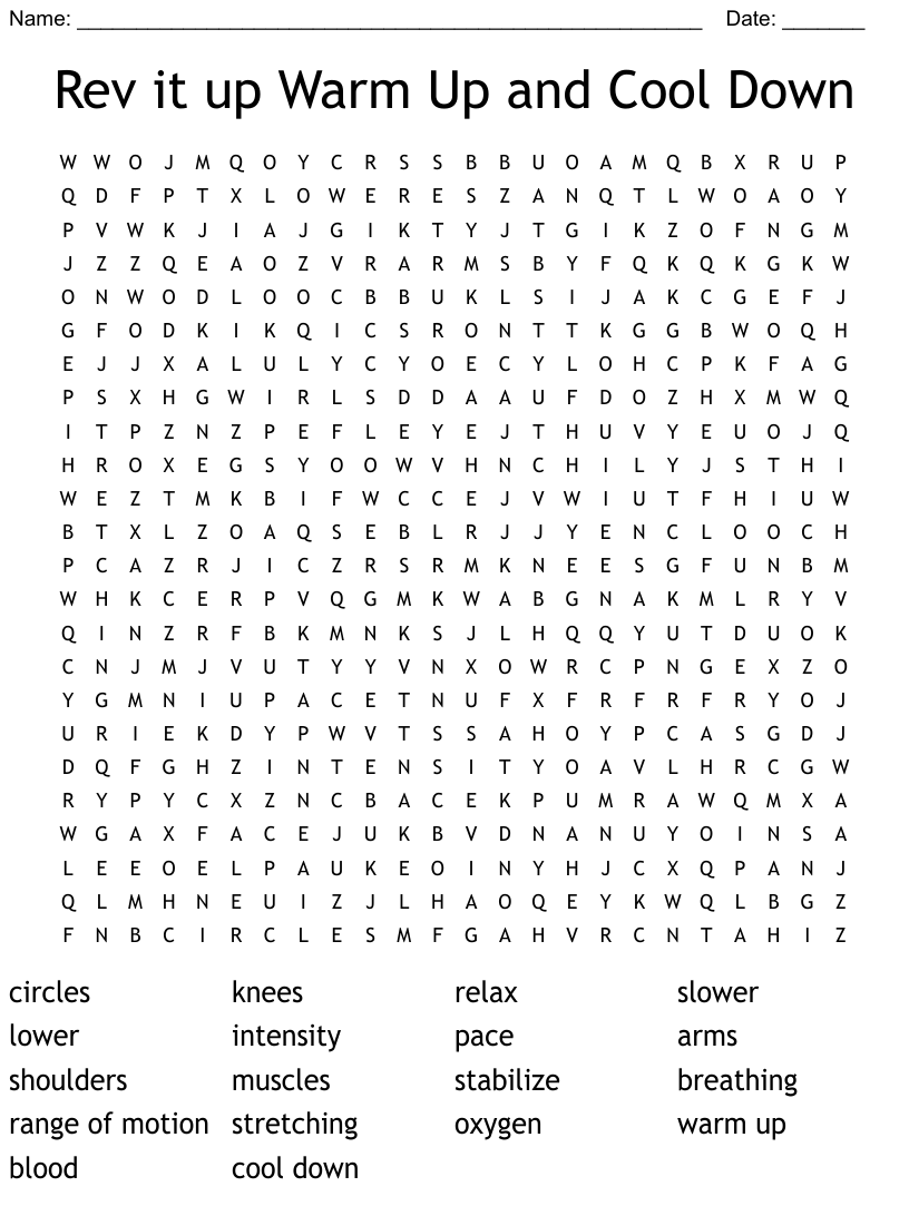 Rev It Up Warm Up And Cool Down Word Search WordMint