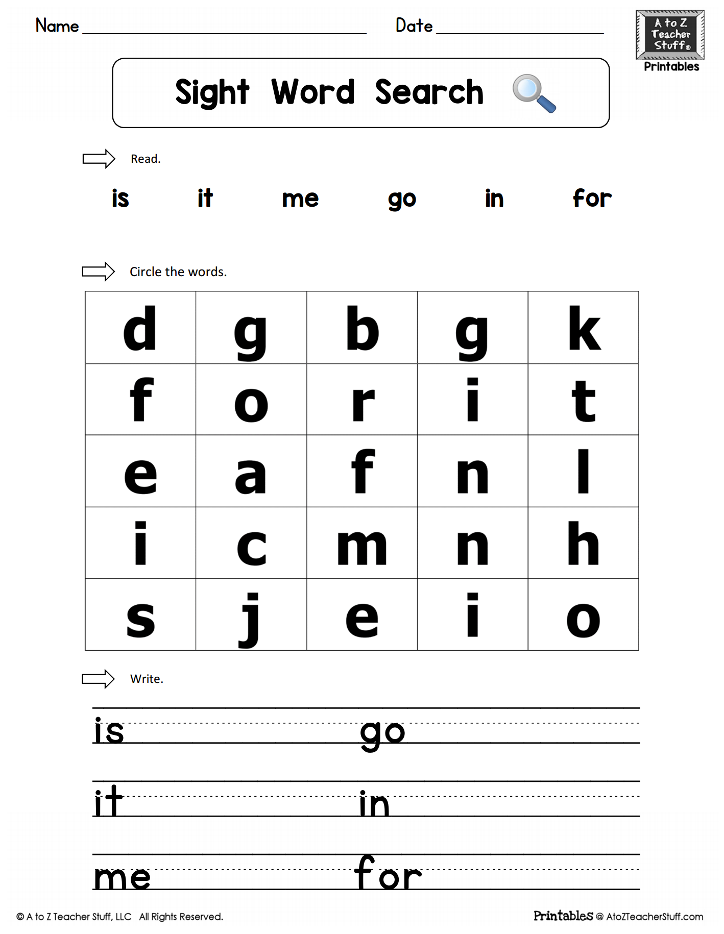 Sight Words Practice Word Search Is It Me Go In For A To Z Teacher Stuff Printable Pages And Worksheets