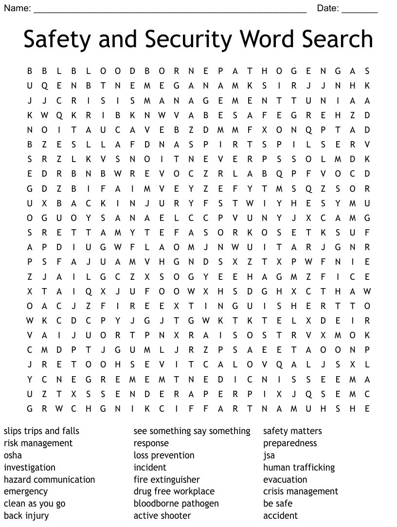 Safe Working Environment Word Search Answers