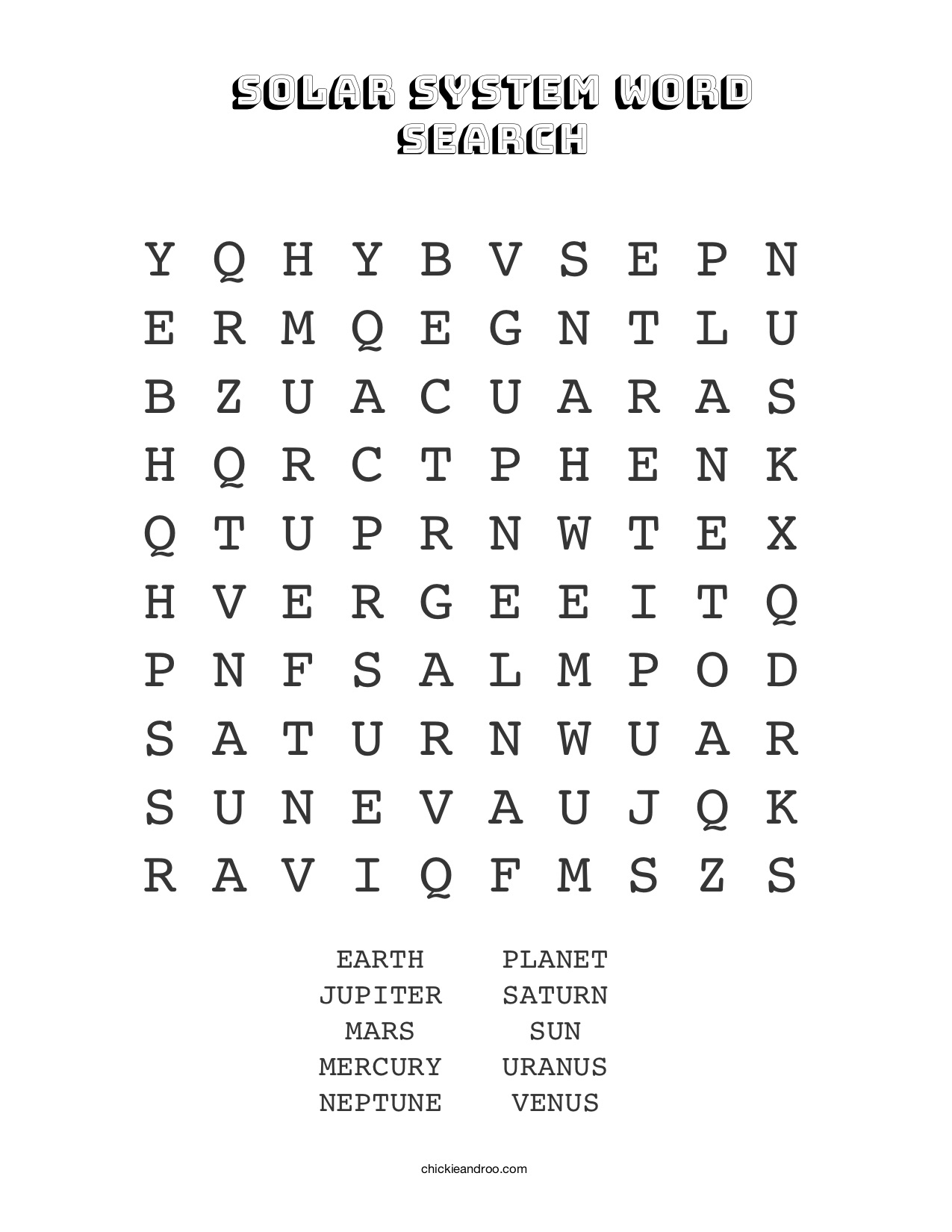 Solar System Word Search Chickie Roo Homeschool