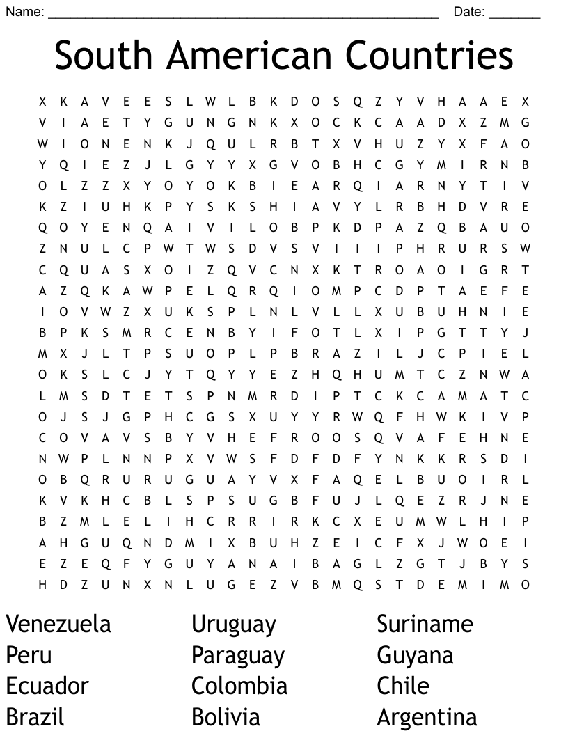 South American Countries Word Search WordMint