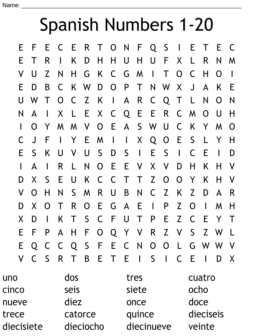Spanish Numbers 1 20 Word Search WordMint