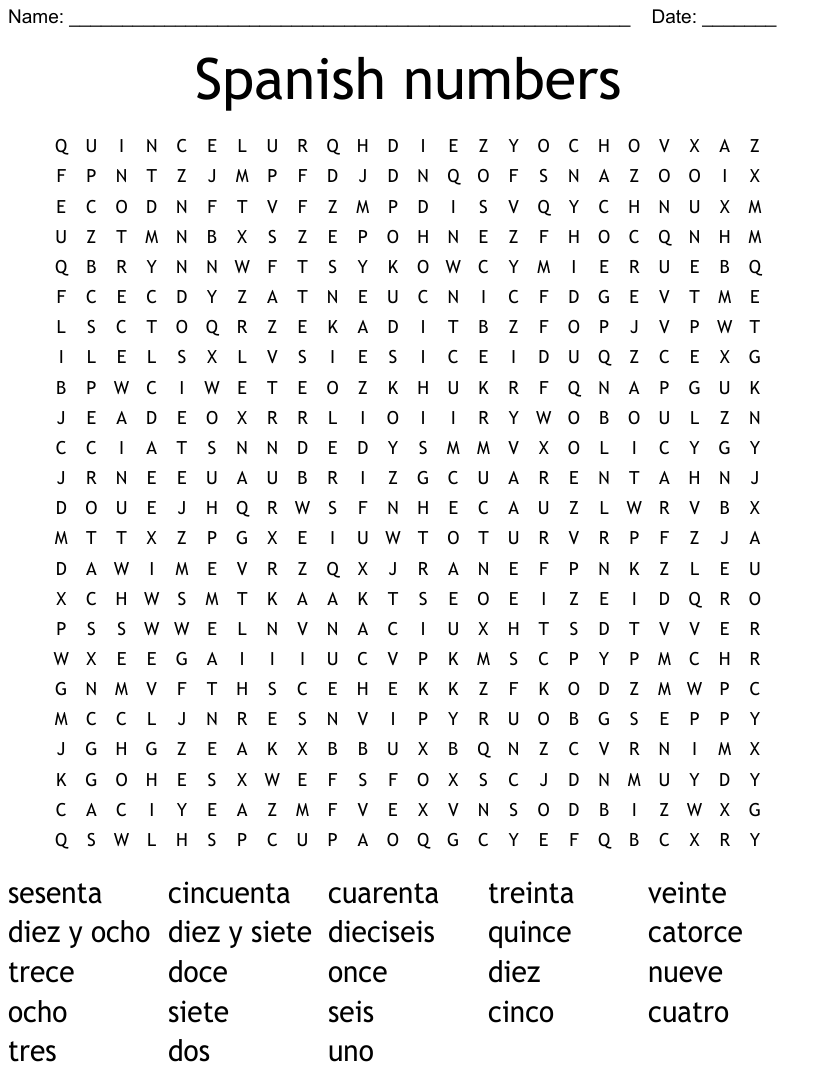 Spanish Numbers Word Search WordMint