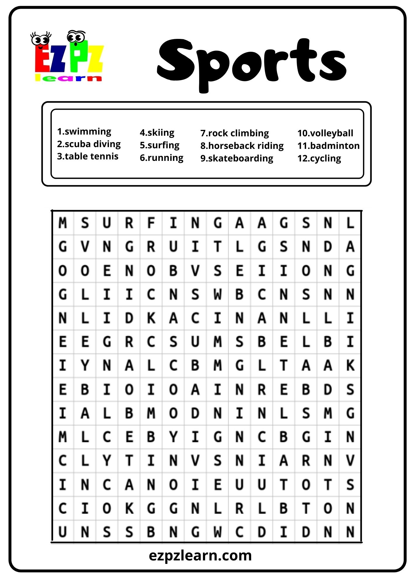 Word Search Printable Sports