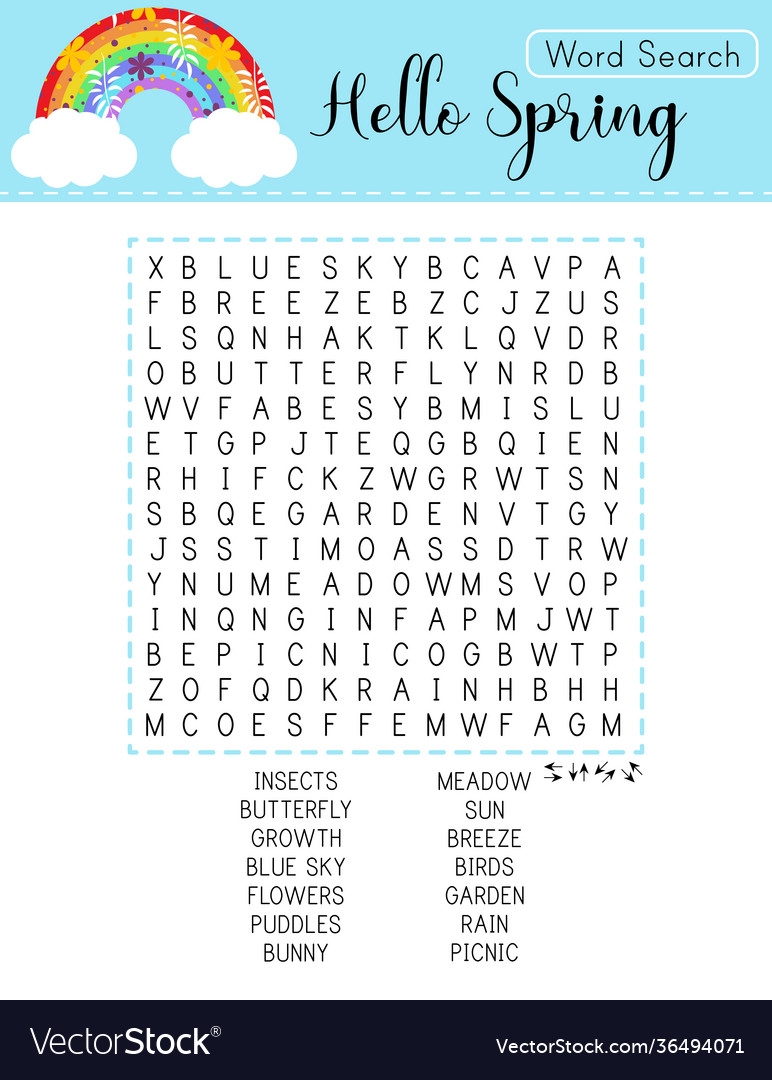 Spring Word Search Puzzle With Rainbow Royalty Free Vector