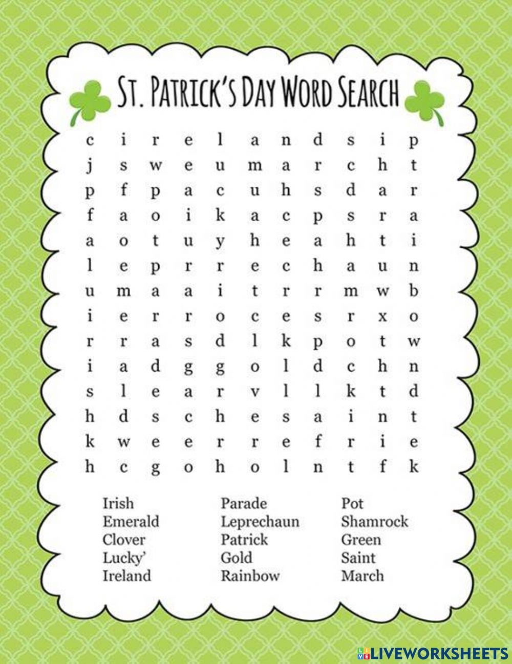 ST PATRICKS DAY WORD SEARCH Worksheet