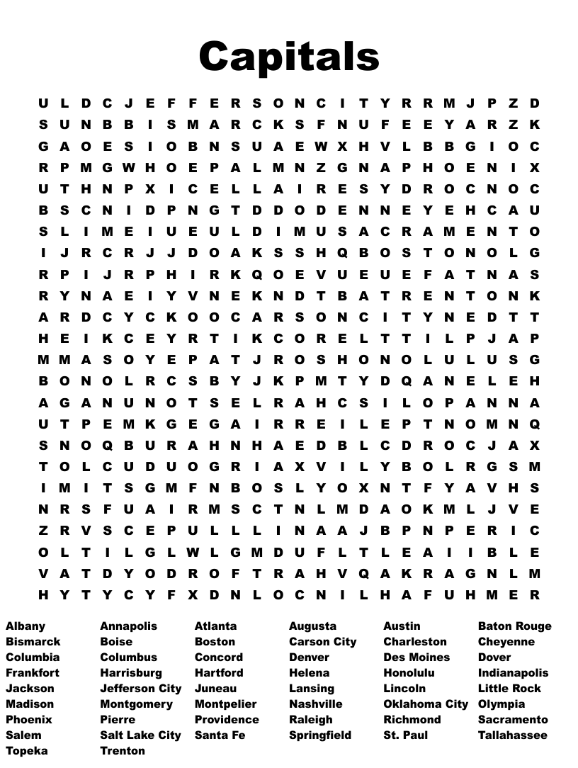 All 50 States Capitals Word Search