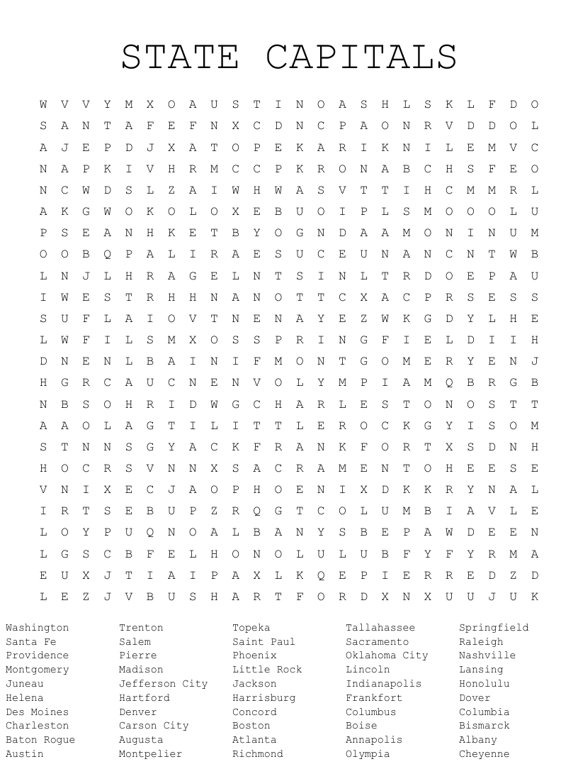 State Capitals Word Search Answer Key