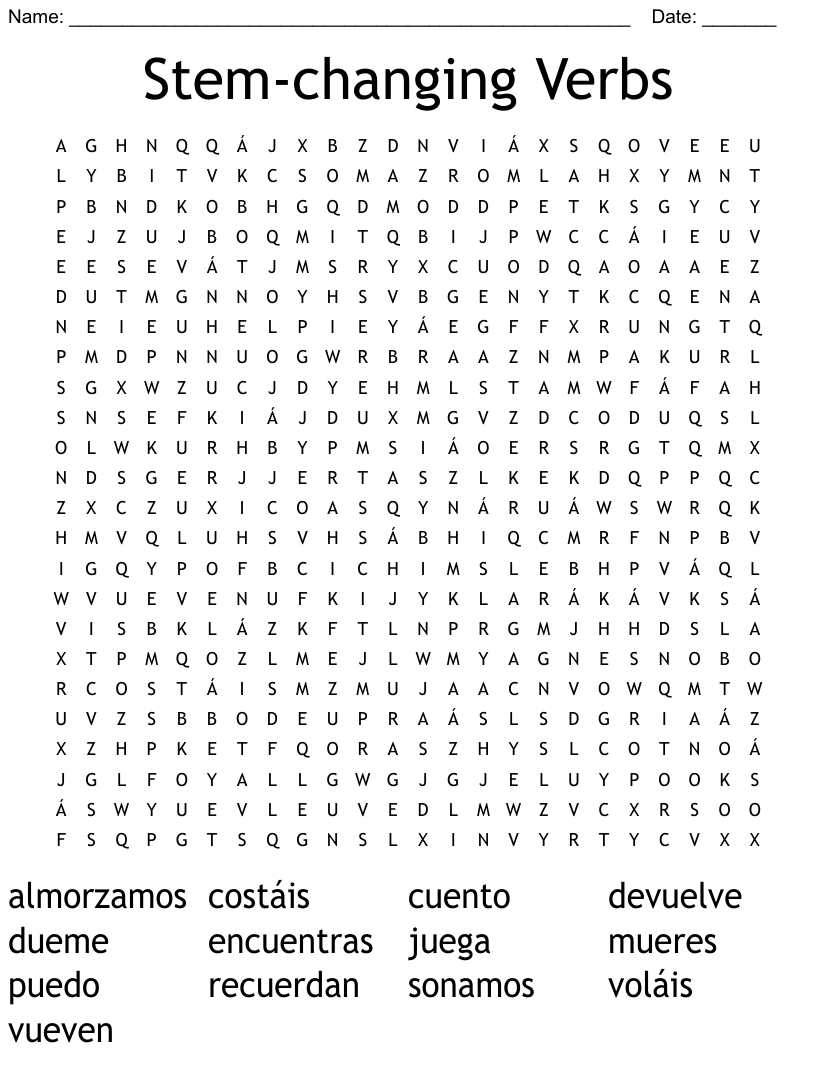 Stem Changing Verbs Word Search Answers Word Search Printable