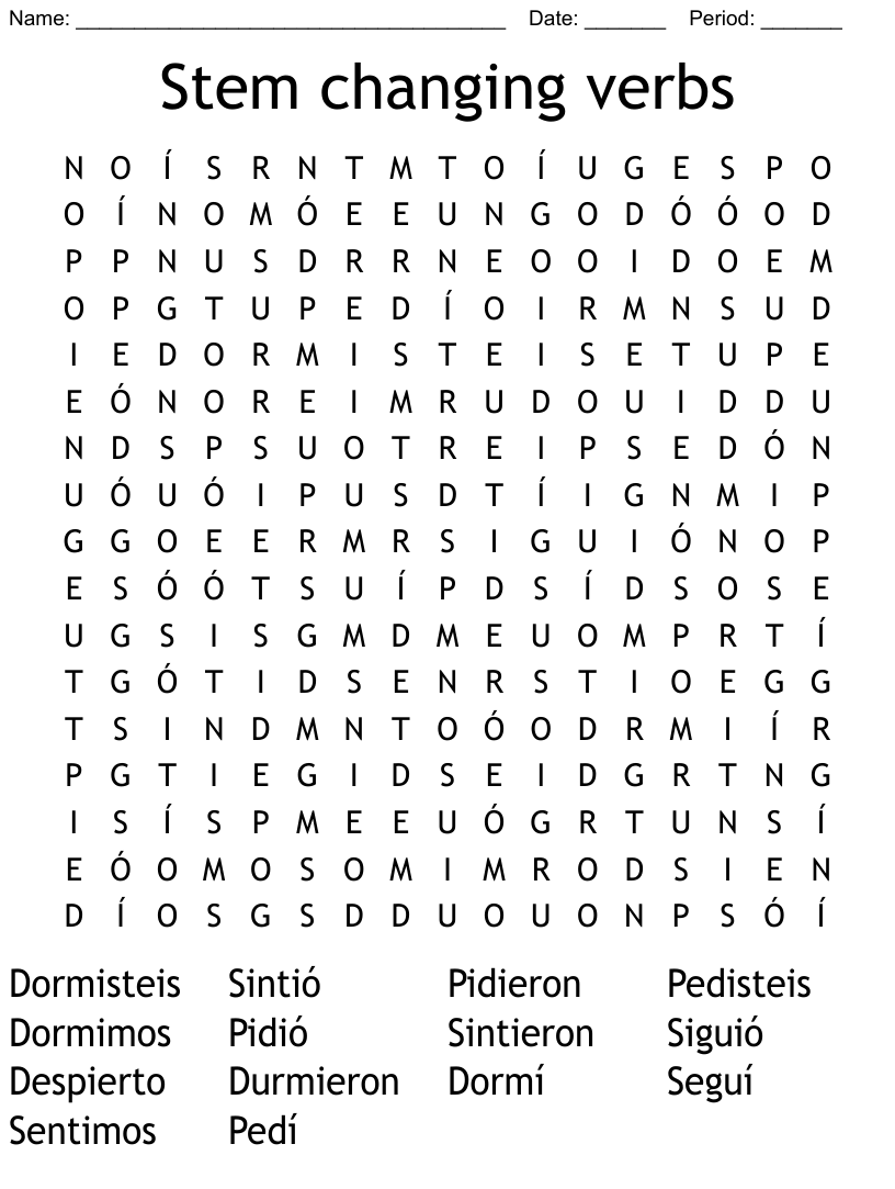 Stem Changing Verbs Word Search WordMint